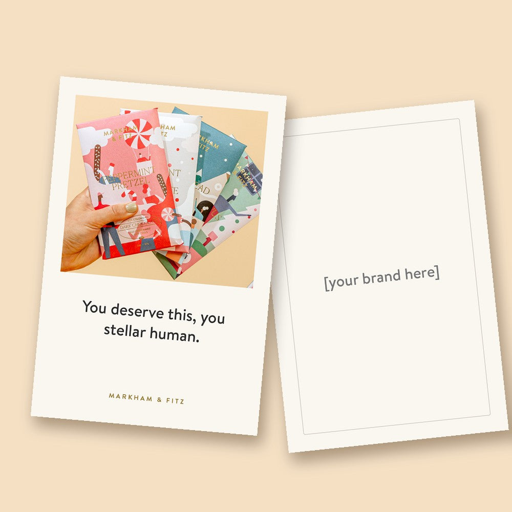Two 4 by 6 inch insert cards: one with Markham & Fitz bar artwork and a cheeky thank-you, one blank card reading your brand here